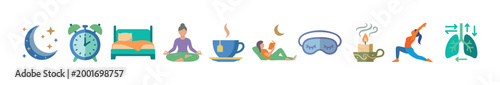 Collection of colorful flat design icons illustrating healthy sleep hygiene and relaxation concepts including meditation, yoga, reading, and a peaceful bedtime routine