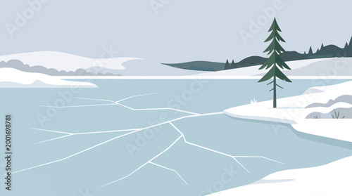 Frozen lake scene with snow covered banks and a single pine tree standing