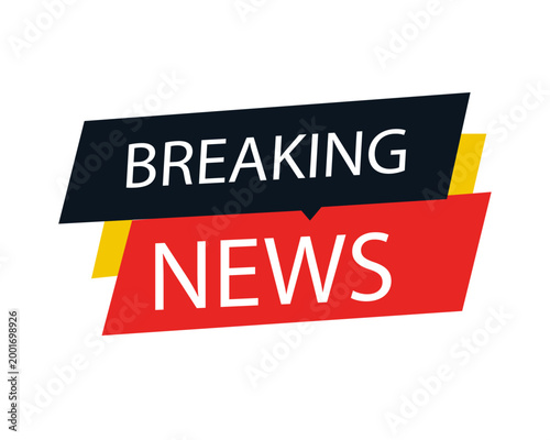 Breaking news vector banner, urgent media broadcast headline graphic, red and black television news report label, live journalism announcement icon