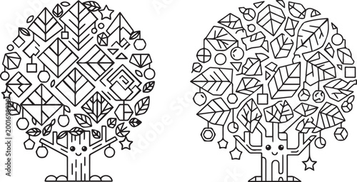 Geometric Tree Illustrations in Minimalist Line Art Style, Set of Two Creative Nature Designs for Coloring Pages silhouette vector