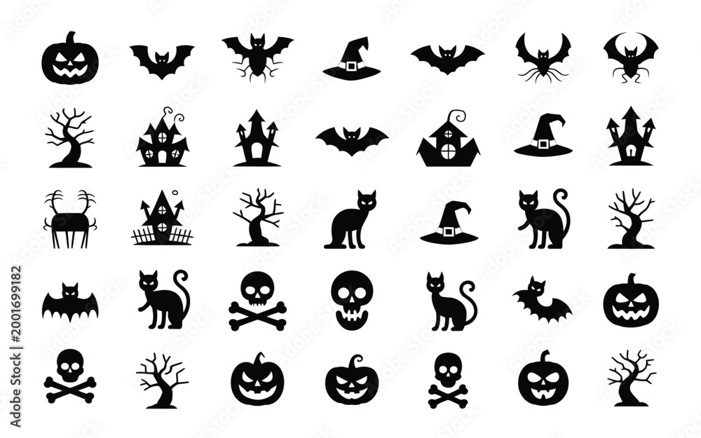 Obraz premium Eerie black silhouette icons of halloween symbols including bats jack o' lanterns and cats against a stark white background for spooky seasonal designs