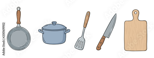 Set of kitchen cooking utensils including a frying pan, pot, spatula, knife, and cutting board in a simple hand-drawn cartoon illustration style for culinary concepts