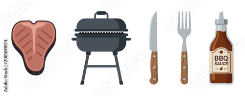 Set of barbecue grilling equipment icons featuring a raw T-bone steak, a charcoal grill, a knife and fork, and a bottle of BBQ sauce in a flat vector illustration style