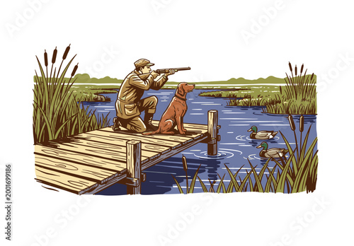 Duck hunter with shotgun and retriever on wooden pier. Vintage waterfowl hunting season illustration. Lake marsh landscape with mallard ducks.