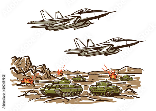 Military battle scene illustration. Vintage comic style war zone. Fighter jets and tanks in desert combat. Tactical air and ground assault.