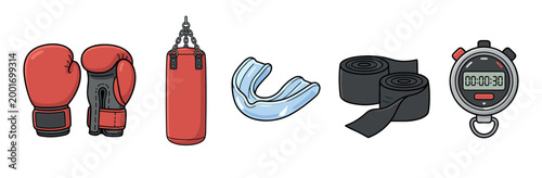 Set of cartoon boxing equipment including red gloves, a punching bag, a mouthguard, hand wraps, and a digital stopwatch for combat sports training and fitness