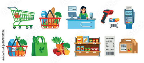 Set of colorful flat design icons for grocery shopping, featuring a supermarket cashier, shopping cart, basket with food, payment terminal, receipt, and delivery service elements