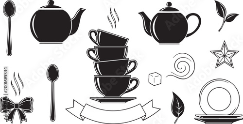 Tea Set Kitchen Tableware Silhouette Elements Set Isolated on White Background