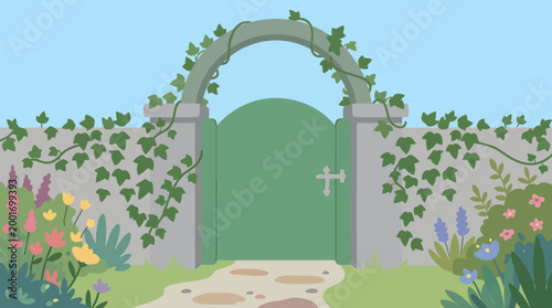 A serene garden gate stands ajar amidst lush greenery and vibrant flowers on a sunny day outdoors.