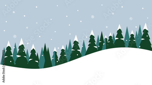 Snow falls gently on a wavy hill with evergreen trees and snowy peaks under a light blue sky.