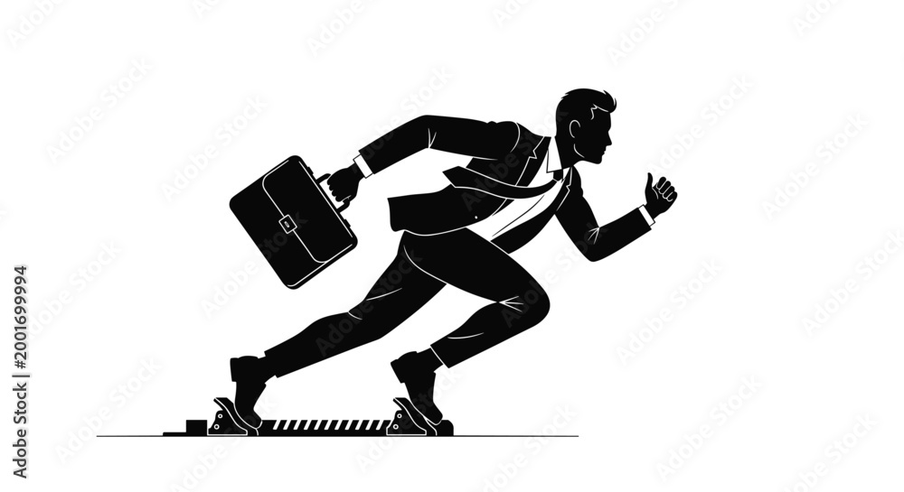 Fototapeta premium Silhouette of a motivated businessman in a suit at the starting line ready to sprint on a white background.