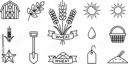 Wheat Farming Agriculture Outline Icons Set Isolated on White Background