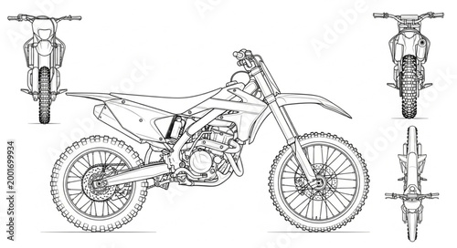 Detailed technical drawing of a dirt bike motorcycle from multiple angles.