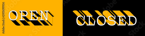 Minimalist open and closed sign with 3D long shadow effect on bright yellow and black background.