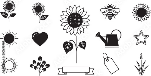 Sunflower Garden Nature Outline Icons Set Isolated on White Background