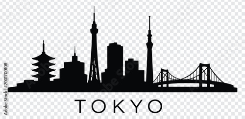 Black silhouette of tokyo city skyline with famous landmarks