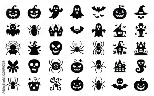 Halloween themed silhouettes collection featuring classic spooky icons like jack o' lanterns ghosts bats witches haunted houses and eerie creatures against a stark black