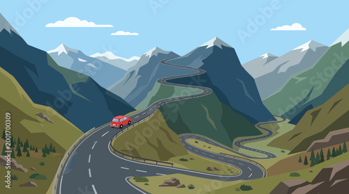 A red car drives on a winding mountain road with snow-capped peaks in the background landscape.