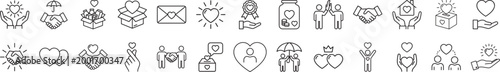 Charity and kindness line icons set, 28 philanthropy and donation vector symbols, volunteer support and community care outline graphics
