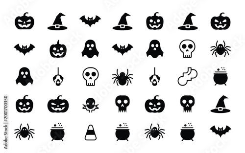 Elegant black silhouette icons collection showcasing festive halloween symbols set against a seamless white background for creative projects and seasonal designs