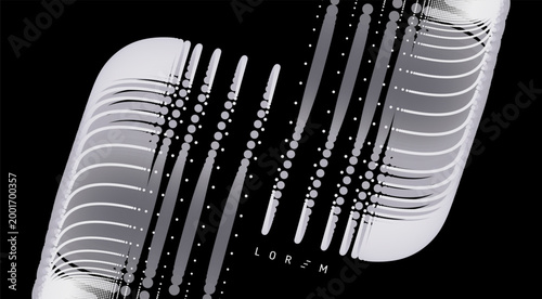 A cubic figure cut in half and the parts offset. Technological background. Pulsating electrical energy in multilayered movement. Cold neon glow effect. Industrial style for digital projects. 3D vector