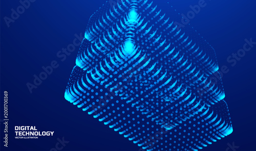 Multilayered geometric form. Digital block consisting of glowing dots creating a wireframe grid. Industrial style. Graphic concept. Modeling. Technological background for brochure, poster, cover, card
