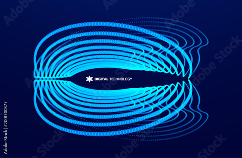 Particles radiate from the center, mirroring each other. Bright blue dots pulsate against the dark background. Smooth lines of energy radiate, creating a futuristic element. 3D vector illustration.