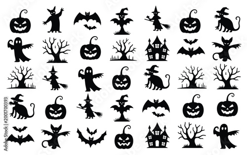 Vibrant halloween themed silhouette collection showcasing eerie ghosts spooky jack o' lanterns and mysterious bats against a stark white background for striking seasonal decor