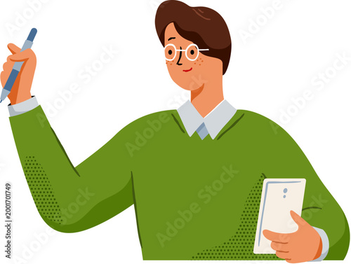 Man holds a cellphone and raise a hand with pen