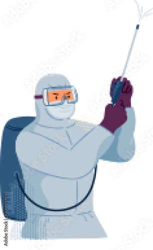 Person in antiviral suit and use spray to disinfect