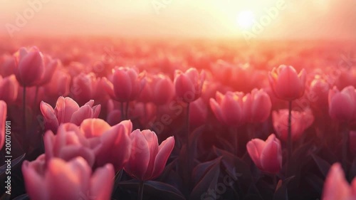 Field of pink tulips blooming under a warm sunrise or sunset light