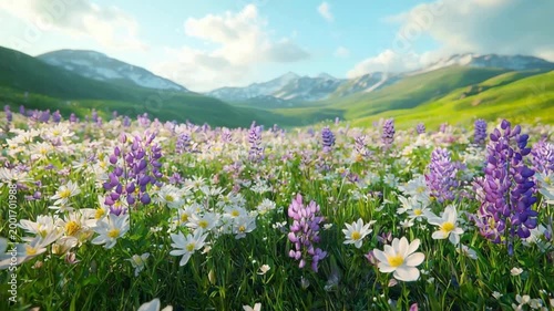 Field of wildflowers blooming in front of green mountains with snow patches