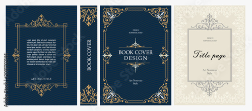Foto Classic vintage book cover, title page, spine design with Art Deco, Baroque, Art Nouveau and Victorian ornaments