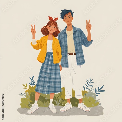 Cute young couple illustration showing peace sign together