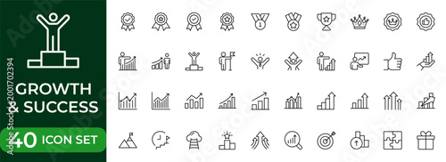 Growth and Success Line Icon Set for Achievement, Business Progress, Leadership, Profit, Career Development and Goal Reaching Outline Vector Collection