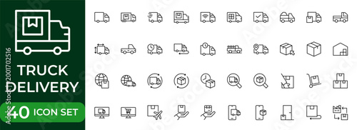 Truck Delivery and Logistics Line Icon Set for Shipping, Cargo Transport, Freight Service, Supply Chain and Warehouse Distribution Outline Vector Collection