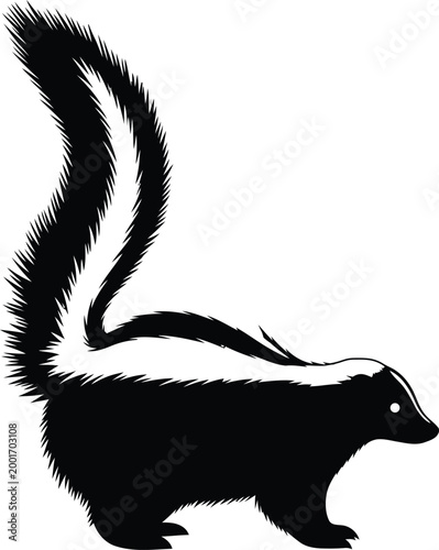 Black and white silhouette of a walking skunk with bushy tail