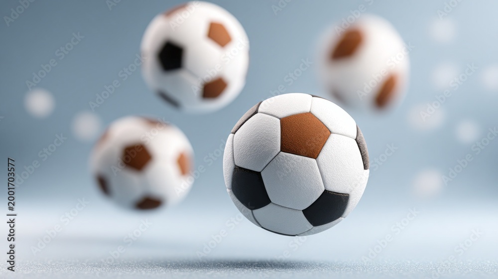 Fototapeta premium Four soccer balls in mid-air, showcasing dynamic movement and energy.