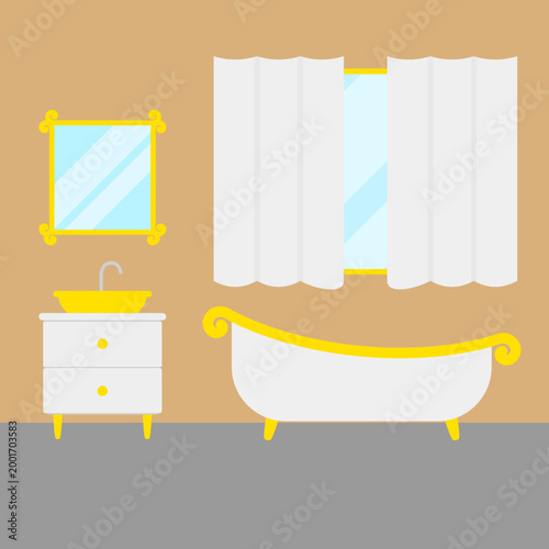 Illustration of Bathroom Contain of Bathtub, Sink, Cabinet, Mirror and Window with Curtain