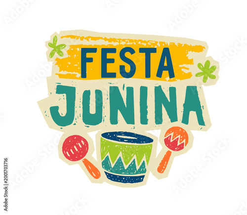 Festa Junina festival banners with crayon text and drawn elements. Brazilian summer carnival posters with chalk smear block, maracas, flowers. June party poster, vector illustration
