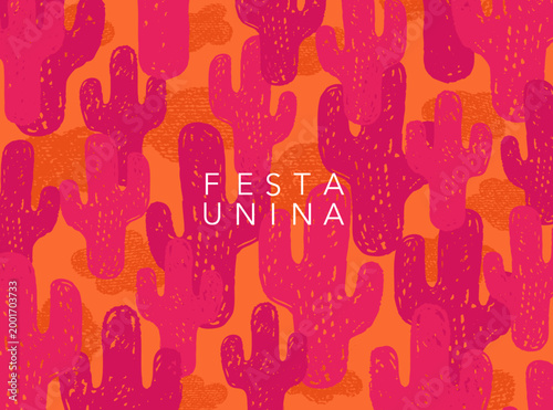 Doodle cactus desert. Festa Junina background with crayon texture. Art pink backdrop with many cactuses drawn with chalk, vector boho illustration