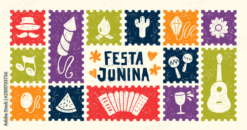 Festa Junina carnival flyers with crayon icons of summer festival in frames. Music party posters with accordion, guitar, bonfire, drum and lantern drawn with bright chalk, vector illustration