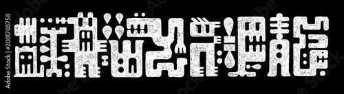 Abstract monsters silhouettes. Mexican ethnic characters drawn with crayon pencils. Geometric shadows of scary african tribal creatures. Black sketch of cute mayan monsters, vector illustration