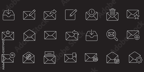 Minimalist line email icon set with editable stroke featuring inbox, message, envelope, notification, mailing, and interface symbols.