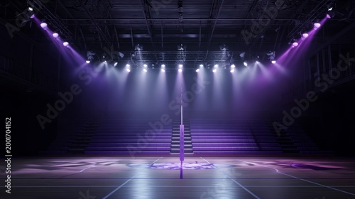 A dramatic sports arena illuminated by vibrant purple lights and shadows.