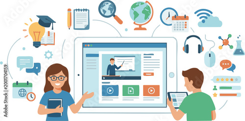 Online education platform with students learning via digital tablet and global study icons