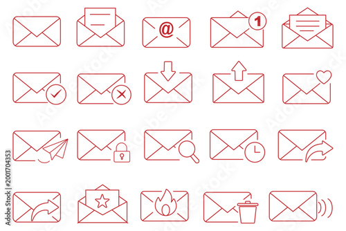 Minimalist line email icon set with editable stroke featuring inbox, message, envelope, notification, mailing, and interface symbols.