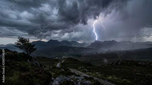 Lightning Strike Over Distant Hills Dramatic Storm Landscape