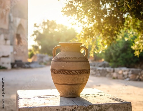 Ancient ceramic jar on a stone, sunlit in outdoor setting