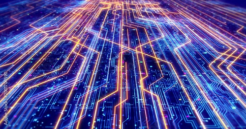 Abstract digital technology background with orange and blue circuit lines. AI And Futuristic Technology Related 4K Concept.